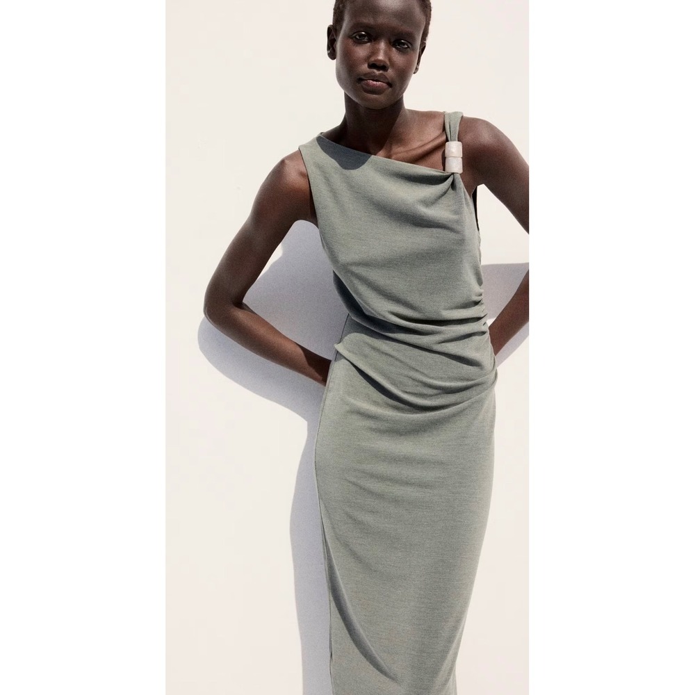 Mango Melisa Asymmetric Draped Midi Dress Olive Green Bead Detail XS 27057166